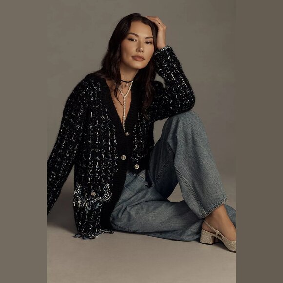 NEW Size S, M, L Anthropologie Button Tweed Fringe Cardigan Sweater, Black Motif - Picture 2 of 4